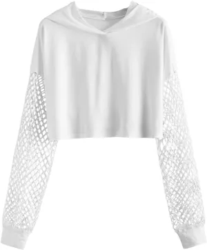 Verdusa Women's Fishnet Crop Hoodie Drop Shoulder Long Sleeve Sweatshirt Pullover