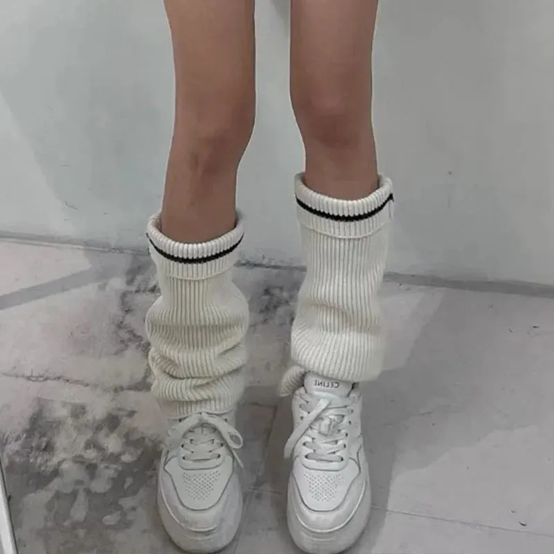 Vintage Wool Knitted Leg Warmers with Metal Buckle  Y2K Winter Calf Leggings
