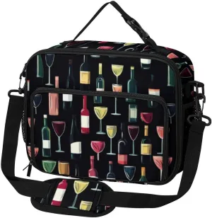 Wine Glass And Wine Bottle Large Insulated Lunch Bag Reusable Lunch Cooler Bags Tote for Work Picnic Outdoor