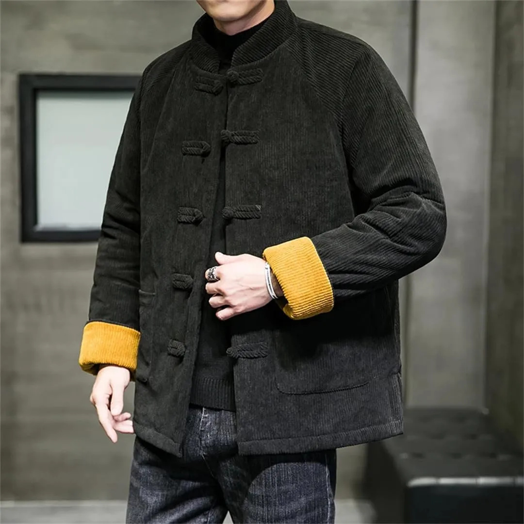 Winter Jackets For Men Chinese Style Disc Buckle Corduroy Thick Warm Cotton Padded Coat