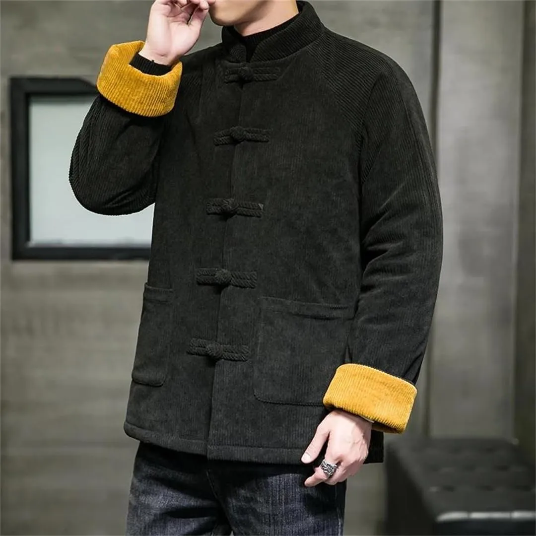 Winter Jackets For Men Chinese Style Disc Buckle Corduroy Thick Warm Cotton Padded Coat