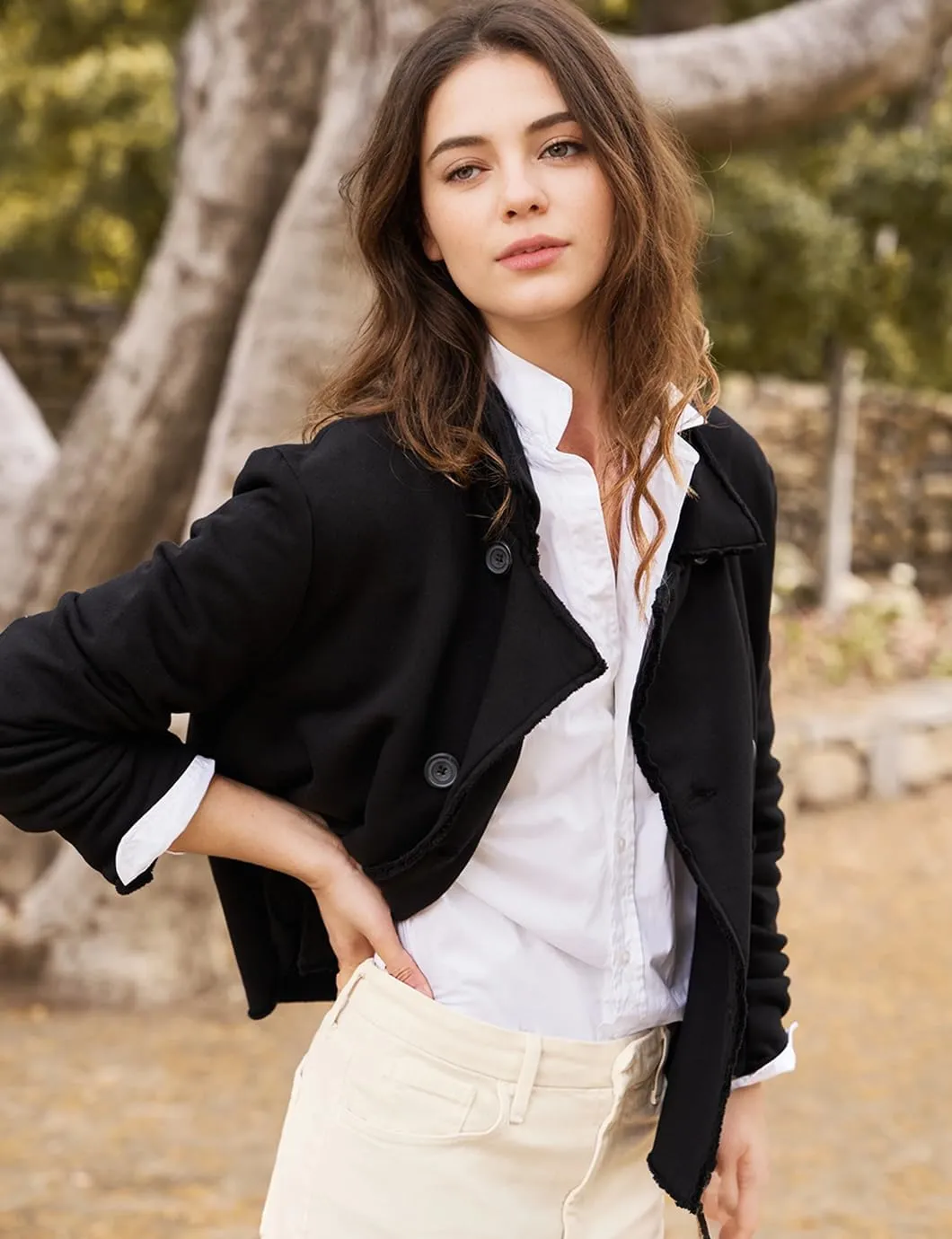 Womens Cropped Pea Coat Notched Lapel Double Breasted Trench Overcoat Blazer Jacket with Pockets