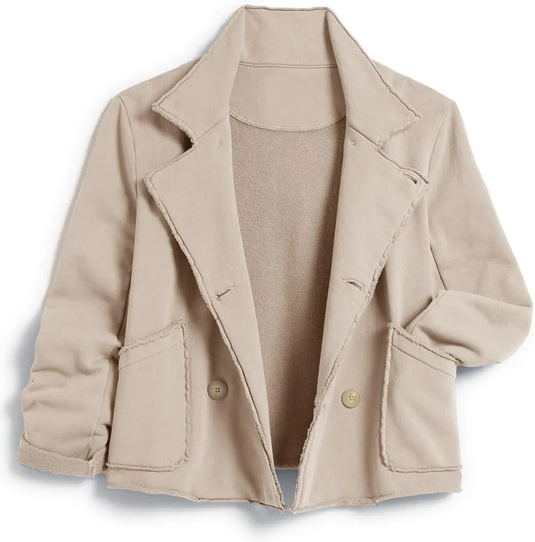 Women's Cropped Pea Coat Notched Lapel Double Breasted Trench Overcoat Blazer Jacket with Pockets