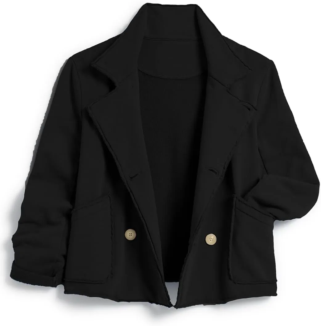 Womens Cropped Pea Coat Notched Lapel Double Breasted Trench Overcoat Blazer Jacket with Pockets