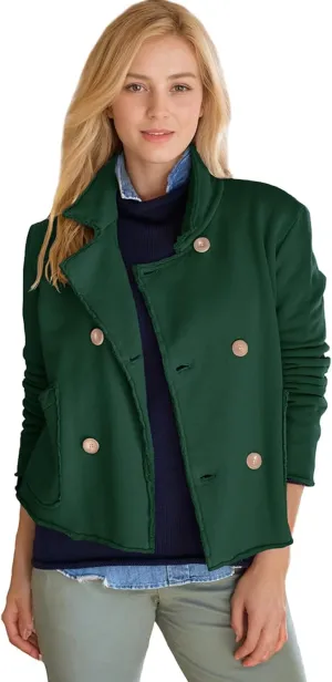 Women's Cropped Pea Coat Notched Lapel Double Breasted Trench Overcoat Blazer Jacket with Pockets