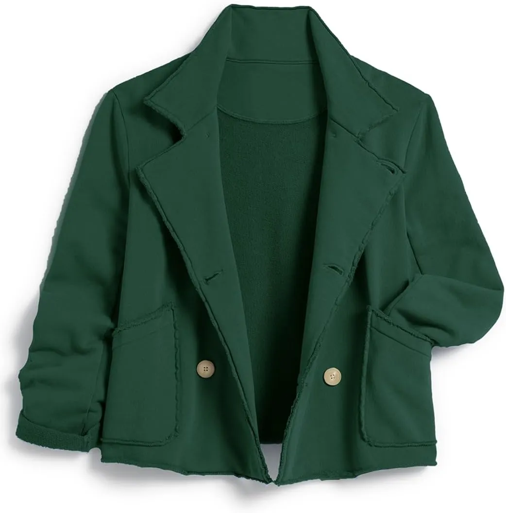 Women's Cropped Pea Coat Notched Lapel Double Breasted Trench Overcoat Blazer Jacket with Pockets