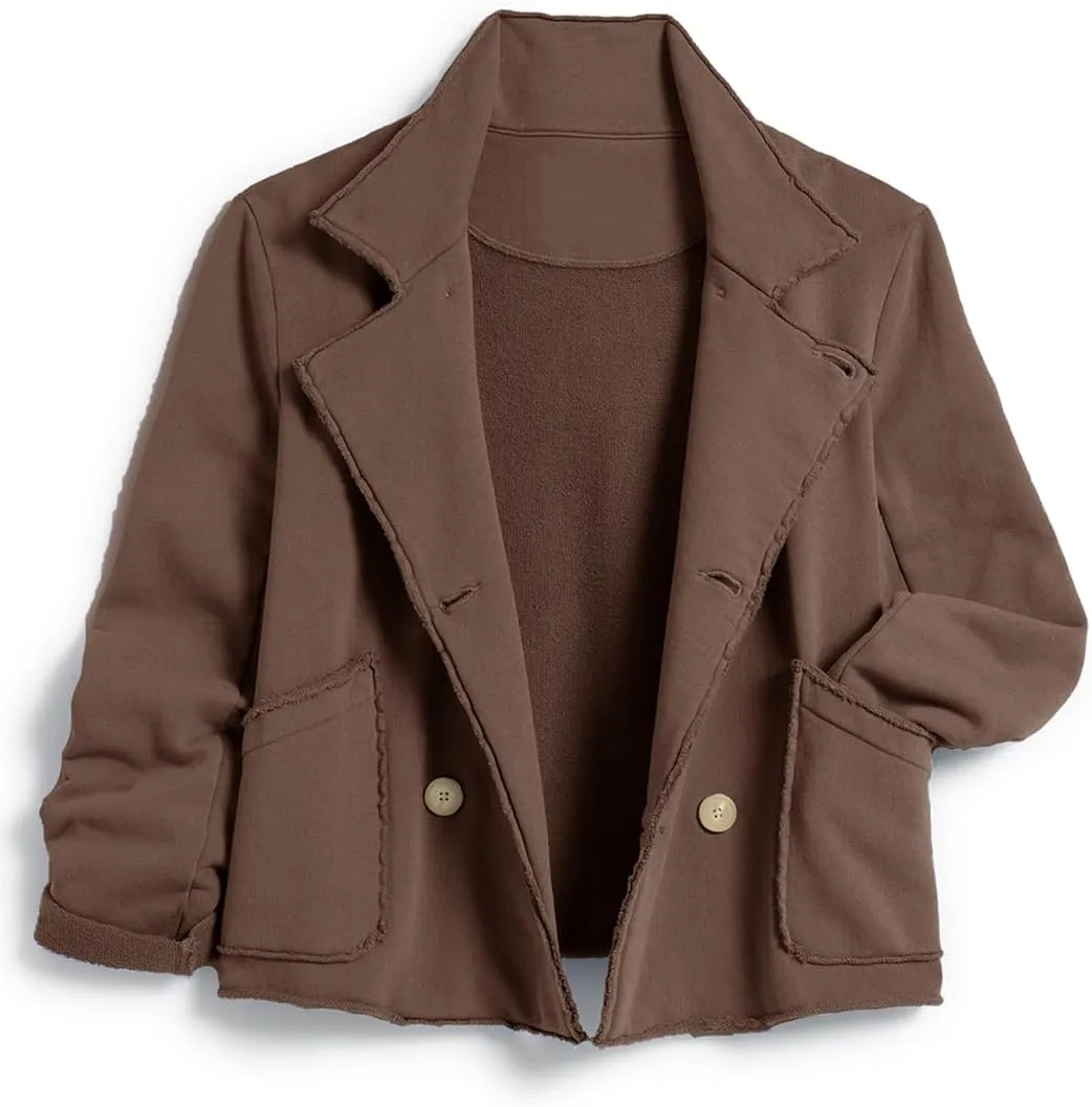 Womens Cropped Pea Coat Notched Lapel Double Breasted Trench Overcoat Blazer Jacket with Pockets