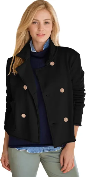 Womens Cropped Pea Coat Notched Lapel Double Breasted Trench Overcoat Blazer Jacket with Pockets