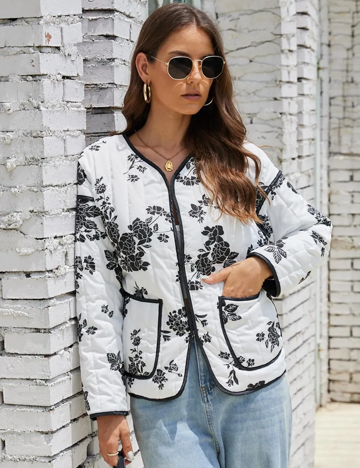 Women's Cropped Quilted Jacket Floral Print Puffer Jackets Lightweight Long Sleeve Warm Puffy Cardigan Coat 2024 Trendy