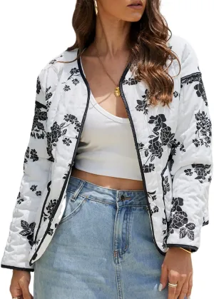 Women's Cropped Quilted Jacket Floral Print Puffer Jackets Lightweight Long Sleeve Warm Puffy Cardigan Coat 2024 Trendy