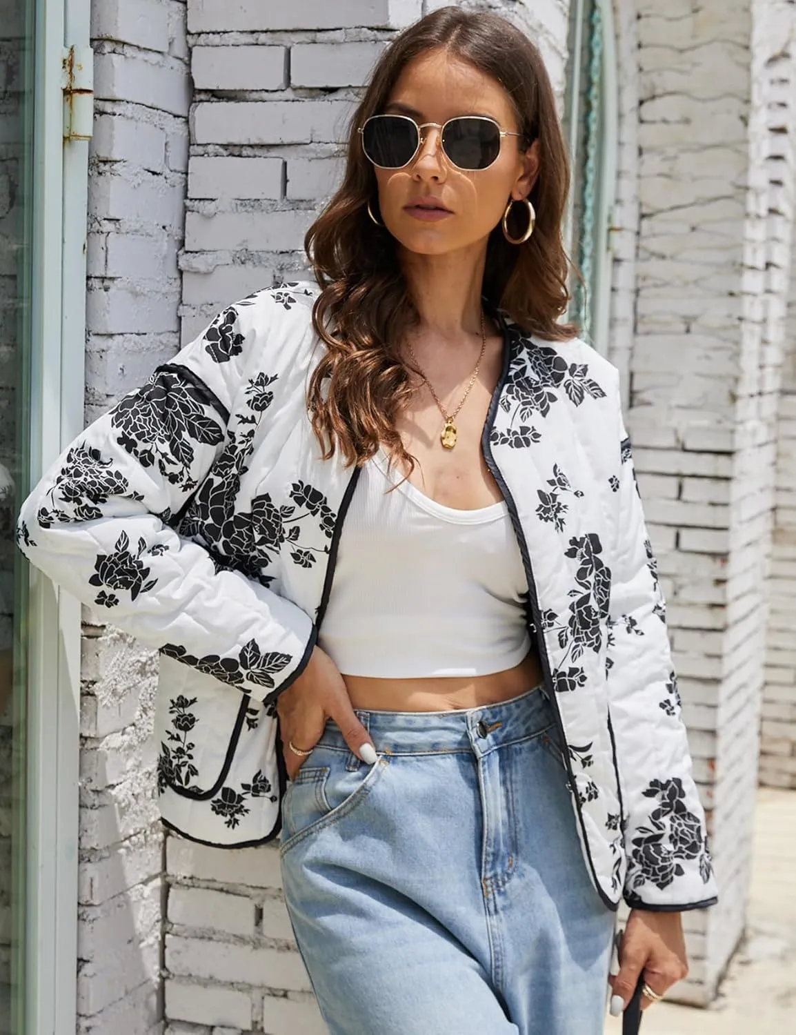 Women's Cropped Quilted Jacket Floral Print Puffer Jackets Lightweight Long Sleeve Warm Puffy Cardigan Coat 2024 Trendy