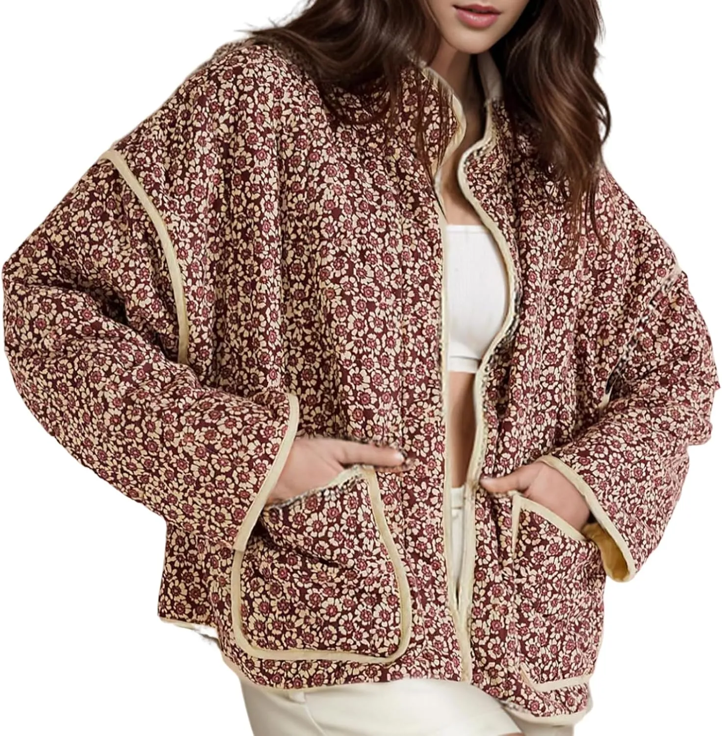 Women's Cropped Quilted Jacket Floral Print Puffer Jackets Lightweight Long Sleeve Warm Puffy Cardigan Coat 2024 Trendy