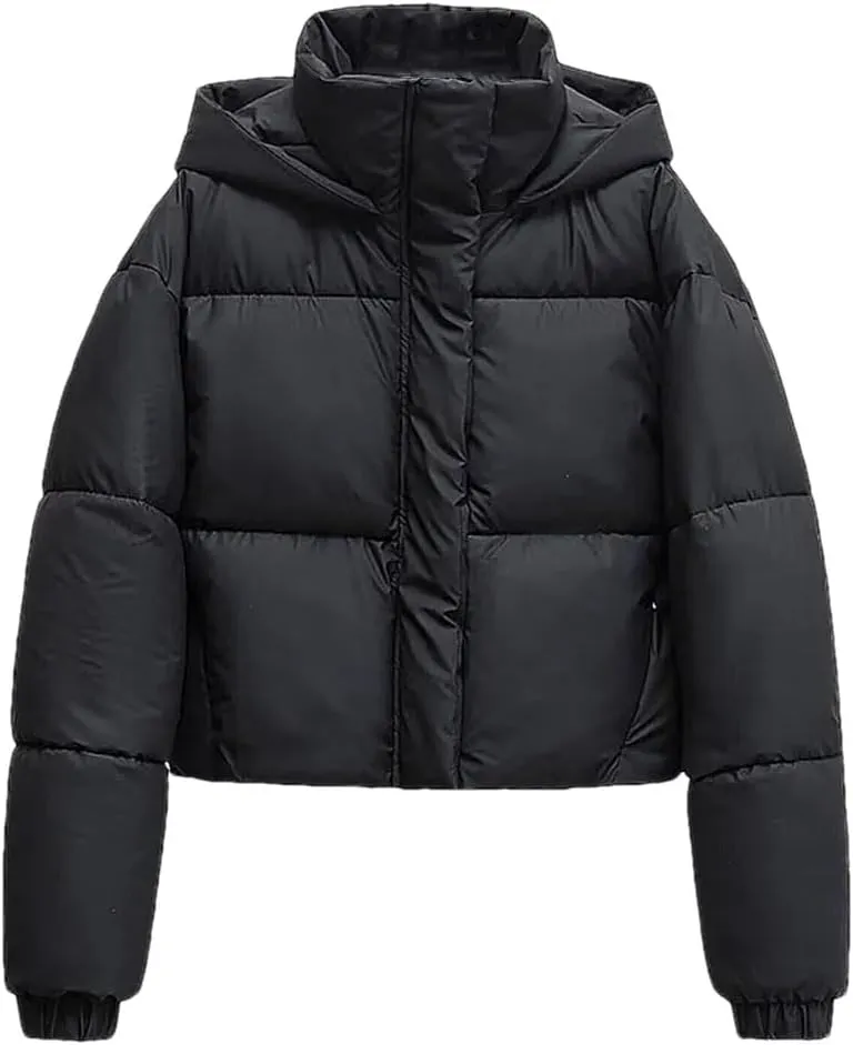 Womens Jackets Vintage Hooded Cropped Cotton Padded Coat Solid Casual Thick Parkas Top