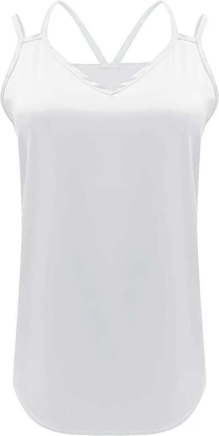 Womens Silk Tank Top Dressy Camisole Spaghetti Strap Soft Satin Blouses Basic V Neck Loose Fit Silky Work Tops S-XXL
