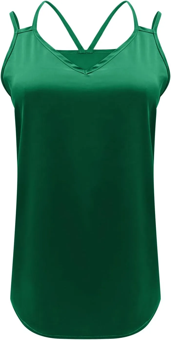 Womens Silk Tank Top Dressy Camisole Spaghetti Strap Soft Satin Blouses Basic V Neck Loose Fit Silky Work Tops S-XXL