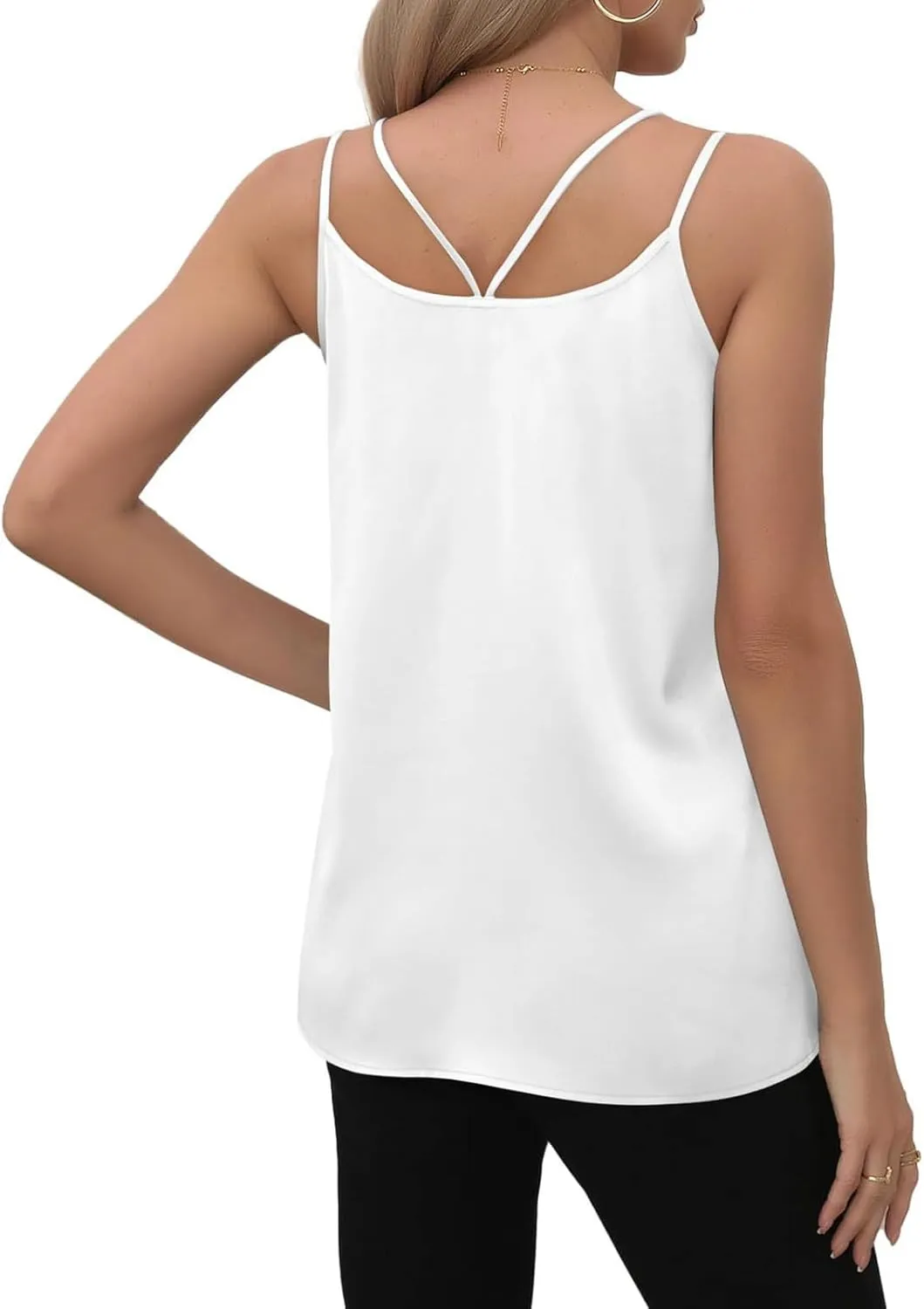 Womens Silk Tank Top Dressy Camisole Spaghetti Strap Soft Satin Blouses Basic V Neck Loose Fit Silky Work Tops S-XXL