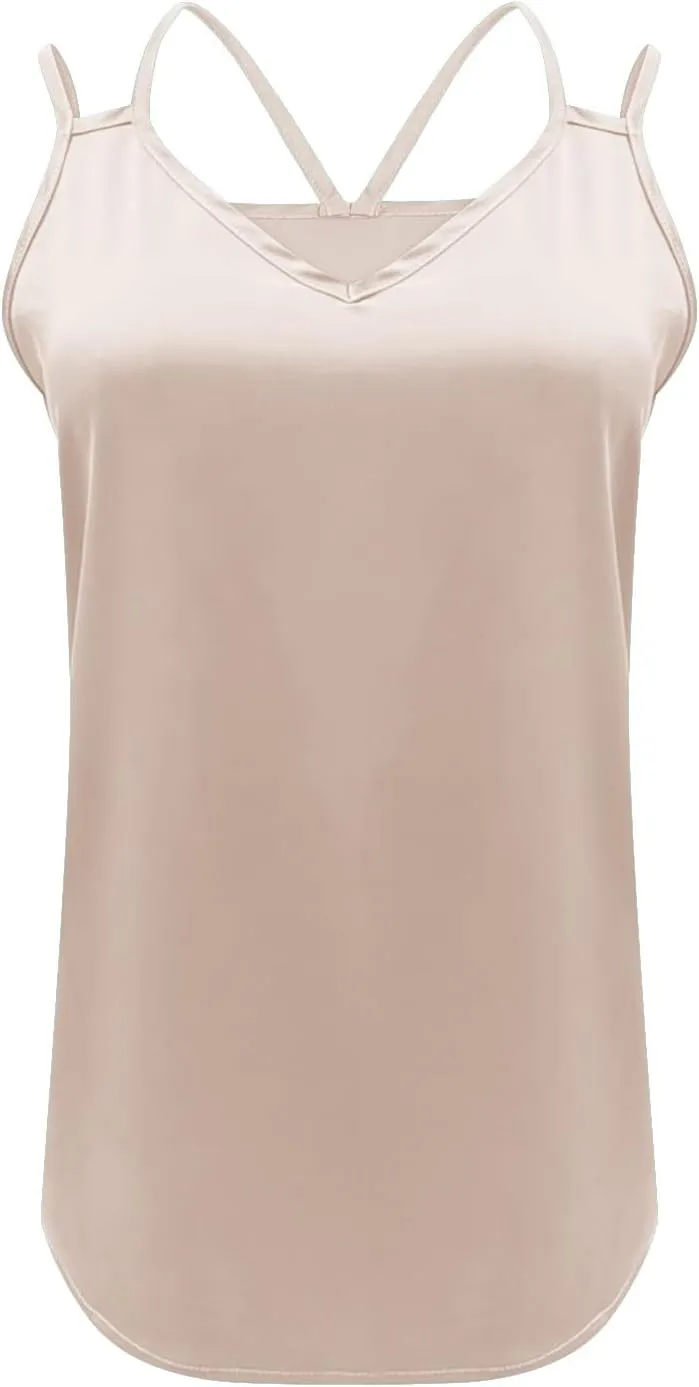 Womens Silk Tank Top Dressy Camisole Spaghetti Strap Soft Satin Blouses Basic V Neck Loose Fit Silky Work Tops S-XXL