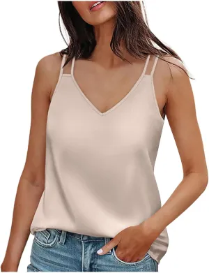 Womens Silk Tank Top Dressy Camisole Spaghetti Strap Soft Satin Blouses Basic V Neck Loose Fit Silky Work Tops S-XXL