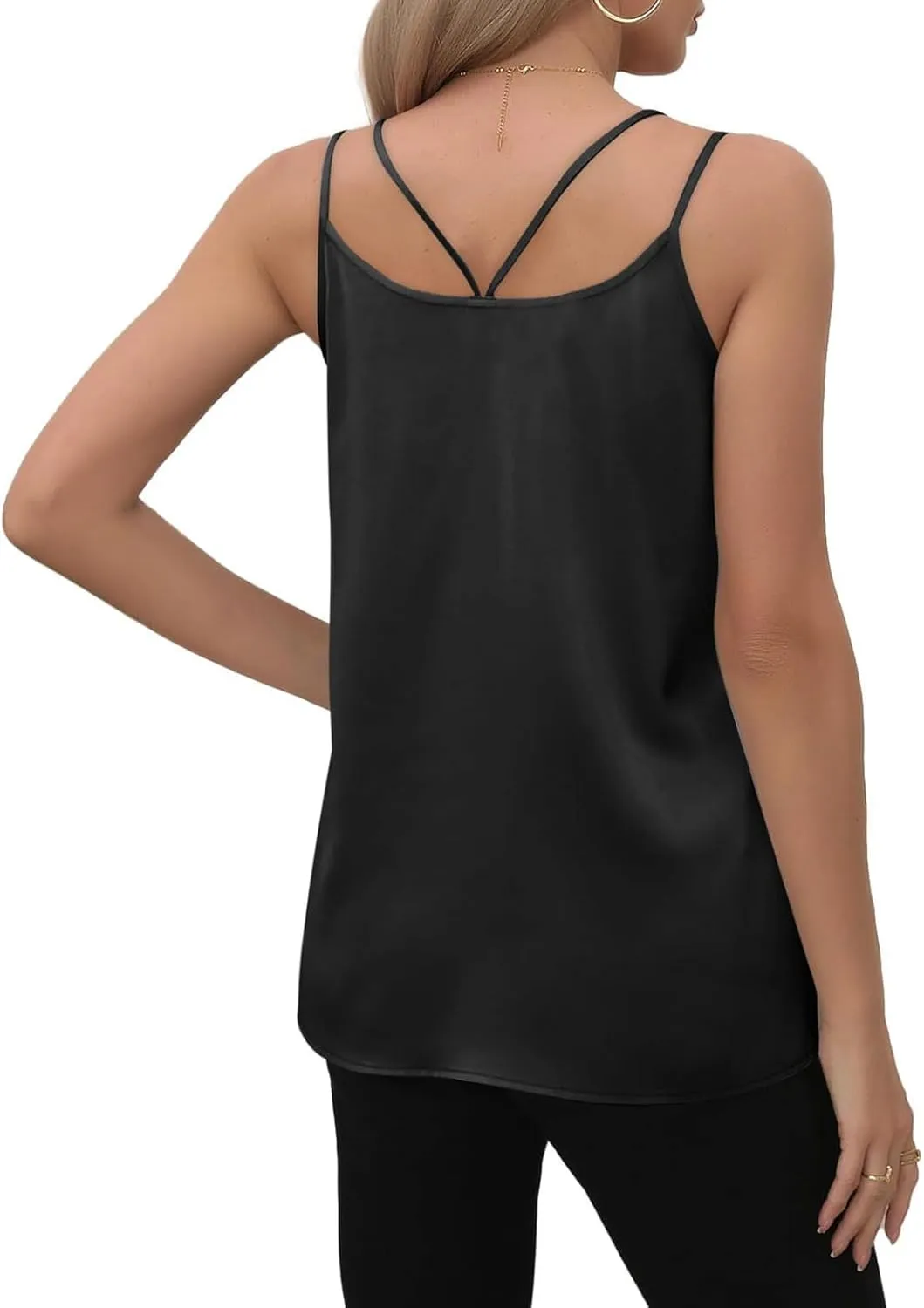 Womens Silk Tank Top Dressy Camisole Spaghetti Strap Soft Satin Blouses Basic V Neck Loose Fit Silky Work Tops S-XXL