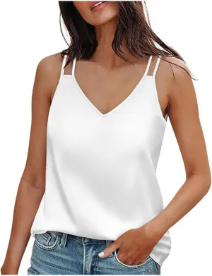 Womens Silk Tank Top Dressy Camisole Spaghetti Strap Soft Satin Blouses Basic V Neck Loose Fit Silky Work Tops S-XXL