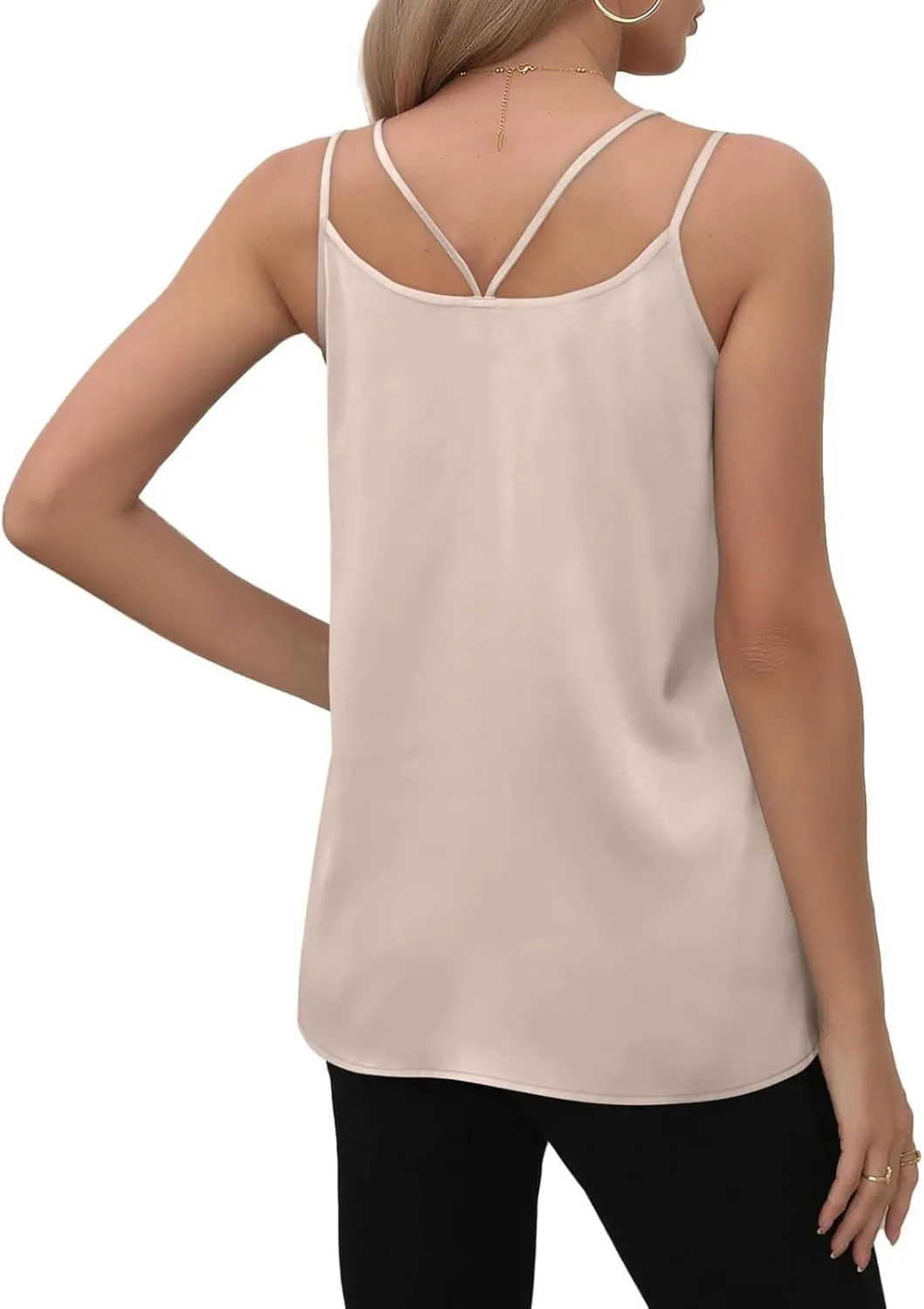 Womens Silk Tank Top Dressy Camisole Spaghetti Strap Soft Satin Blouses Basic V Neck Loose Fit Silky Work Tops S-XXL