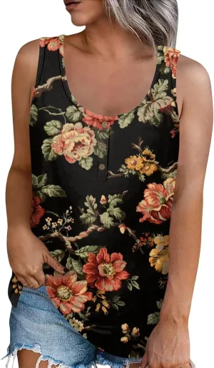 Womens Sleeveless Summer Tank Top Oversized Trendy Crew Neck Tunic Tops Comfy Loose Fit Print Soft Tank Tops