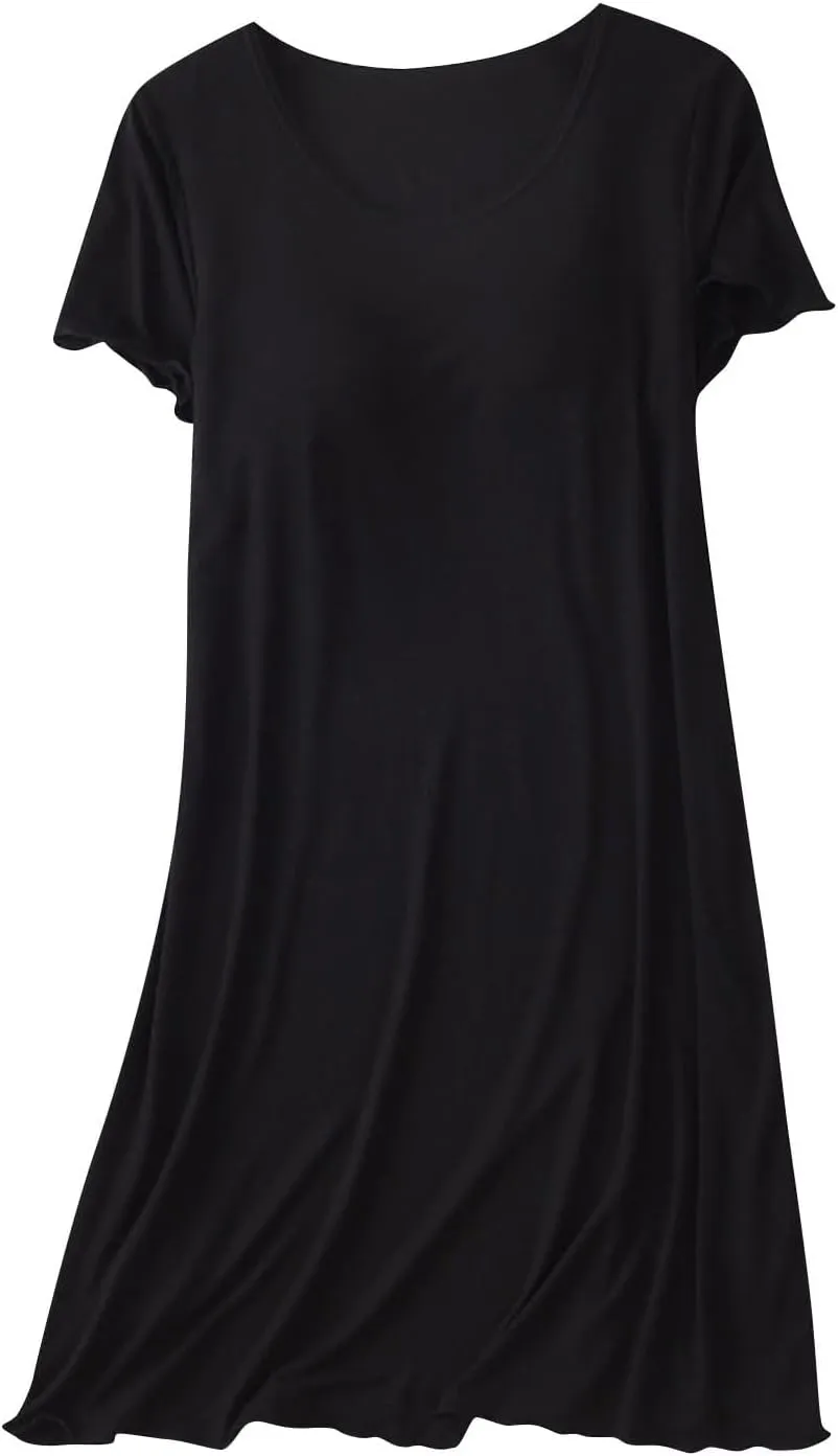 Womens Soft Nightgown Short Sleeve Nightshirt with Built in Bra Solid Sleepwear Comfy Loungewear Pajamas