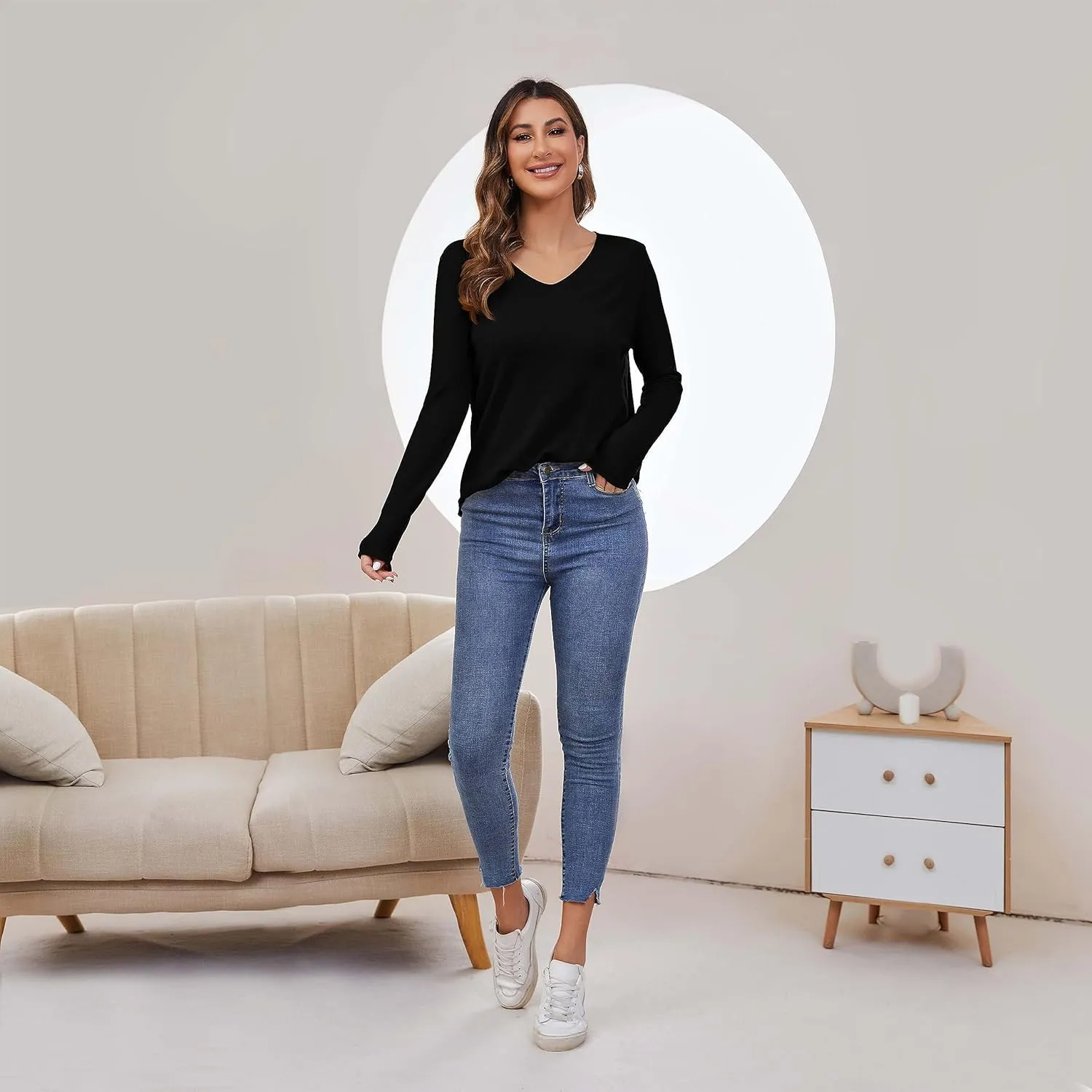 Women's V Neck Pullover Sweater Long Sleeve Soft Knit Lightweight Jumper Tops