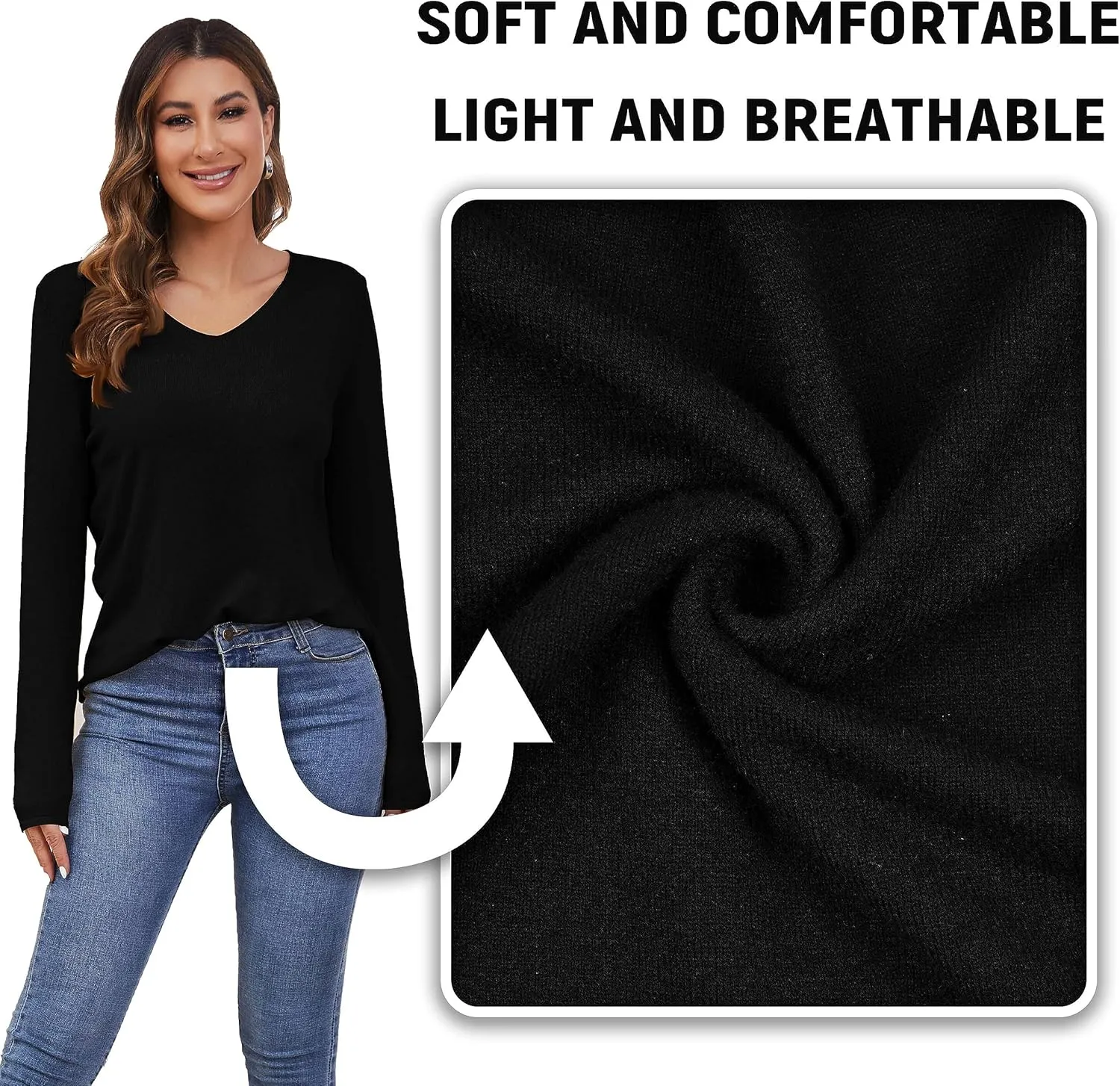 Women's V Neck Pullover Sweater Long Sleeve Soft Knit Lightweight Jumper Tops