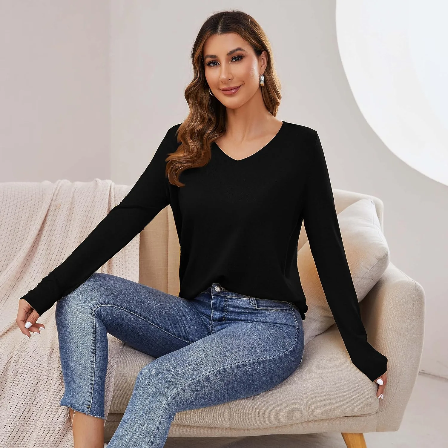 Women's V Neck Pullover Sweater Long Sleeve Soft Knit Lightweight Jumper Tops