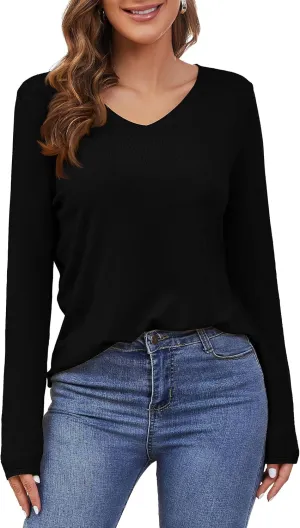 Women's V Neck Pullover Sweater Long Sleeve Soft Knit Lightweight Jumper Tops