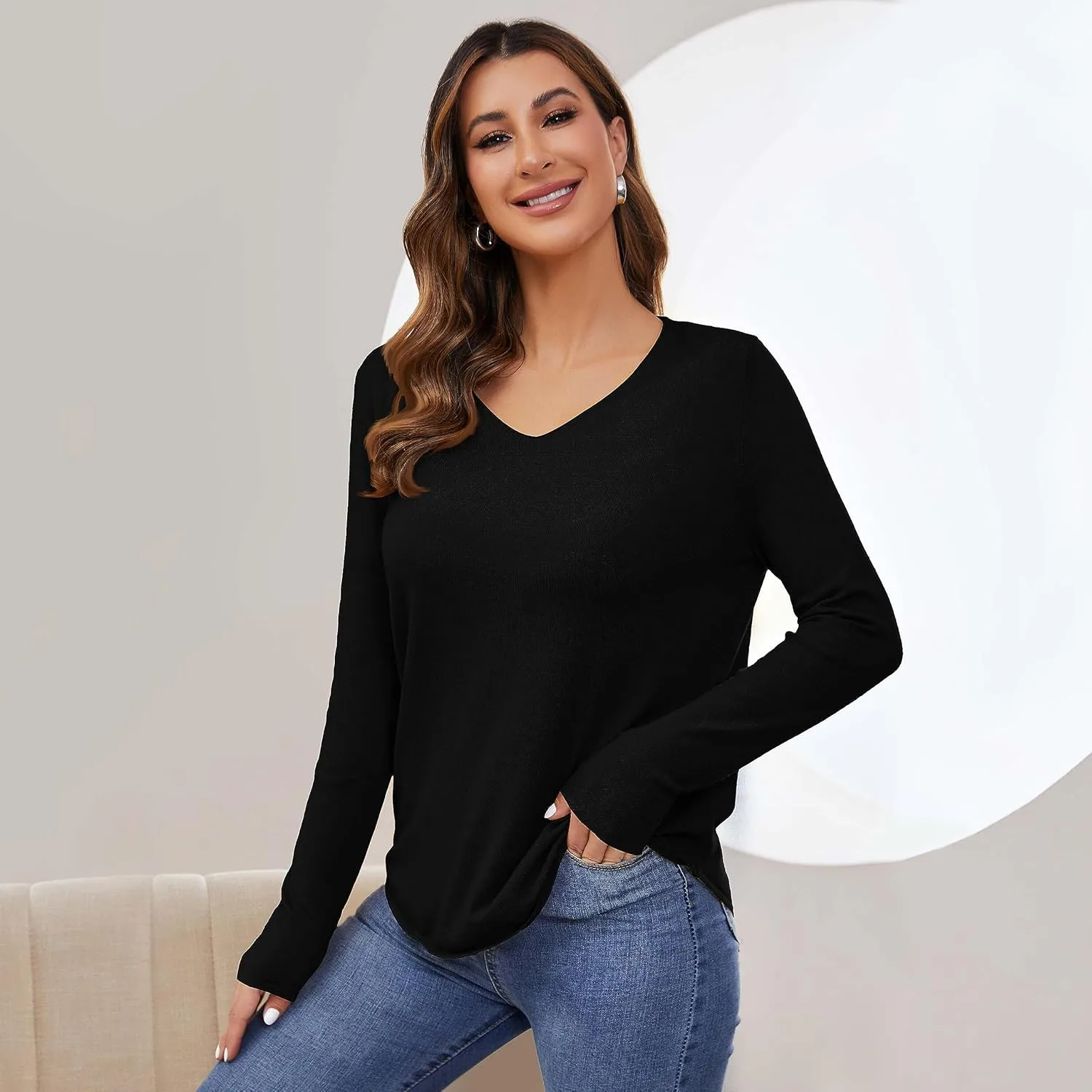 Women's V Neck Pullover Sweater Long Sleeve Soft Knit Lightweight Jumper Tops