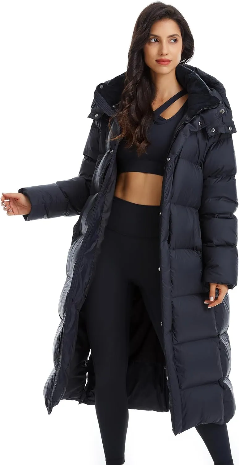 Women's Winter Water-Resistant Thickened Knee Length Lightness Hooded Down Jacket Long Puffer Coat Ski Suits