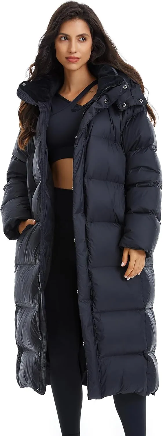Women's Winter Water-Resistant Thickened Knee Length Lightness Hooded Down Jacket Long Puffer Coat Ski Suits