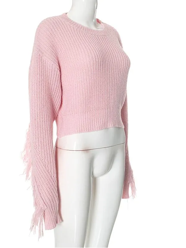 Wool Solid Color Tassel Cropped Sweater