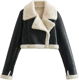 XUNRYAN Womens Faux Shearling Sherpa Faux-Leather Jackets Thick Fleece Lined Lapel Zipper Bomber Aviator Coat Winter Clothes