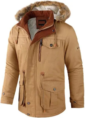 Youllyuu Men Jacket Winter Parka Hooded Windbreaker Cotton Padded Thick Coat Slim Fit Fleece Jacket