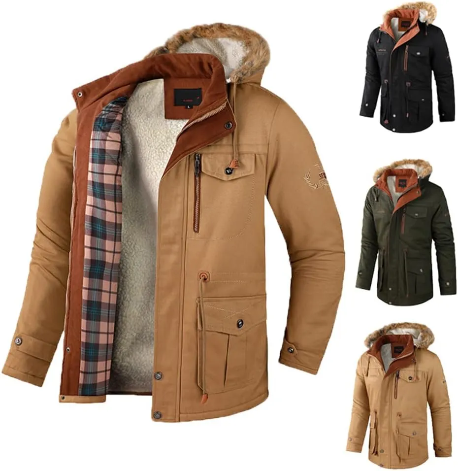 Youllyuu Men Jacket Winter Parka Hooded Windbreaker Cotton Padded Thick Coat Slim Fit Fleece Jacket