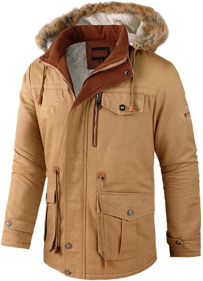 Youllyuu Men Jacket Winter Parka Hooded Windbreaker Cotton Padded Thick Coat Slim Fit Fleece Jacket
