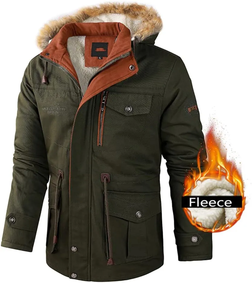 Youllyuu Men Jacket Winter Parka Hooded Windbreaker Cotton Padded Thick Coat Slim Fit Fleece Jacket