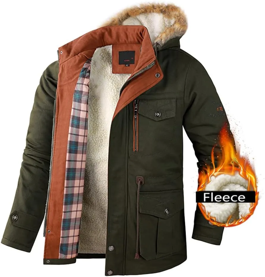 Youllyuu Men Jacket Winter Parka Hooded Windbreaker Cotton Padded Thick Coat Slim Fit Fleece Jacket